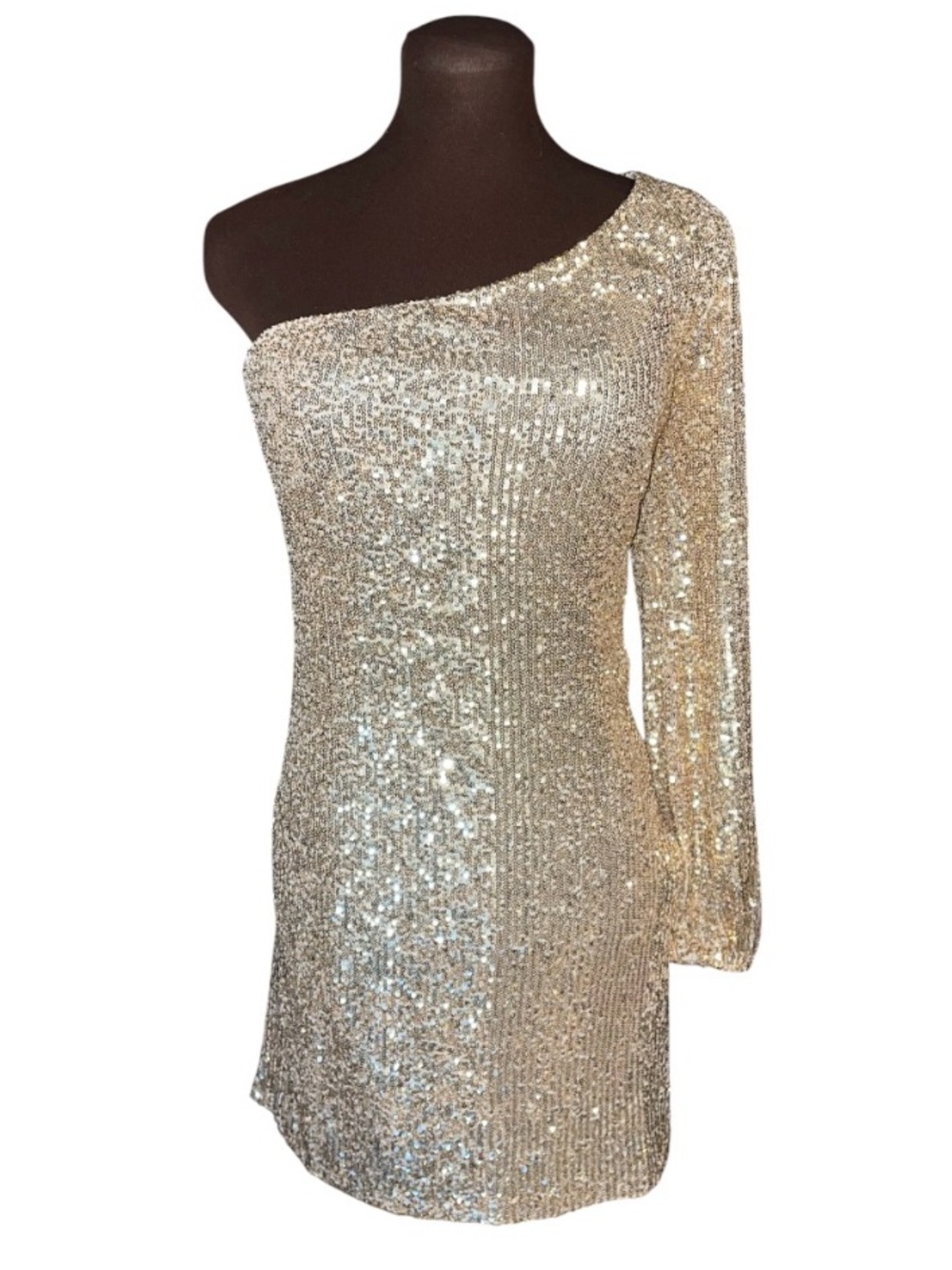 BETSEY JOHNSON Luisa Gold Shimmer Sequin One Shoulder Bodycon Party Dress Medium - Picture 2 of 10